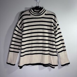 Lucky Brand Striped Mock Neck Sweater Small Black White Cotton Cashmere Pullover